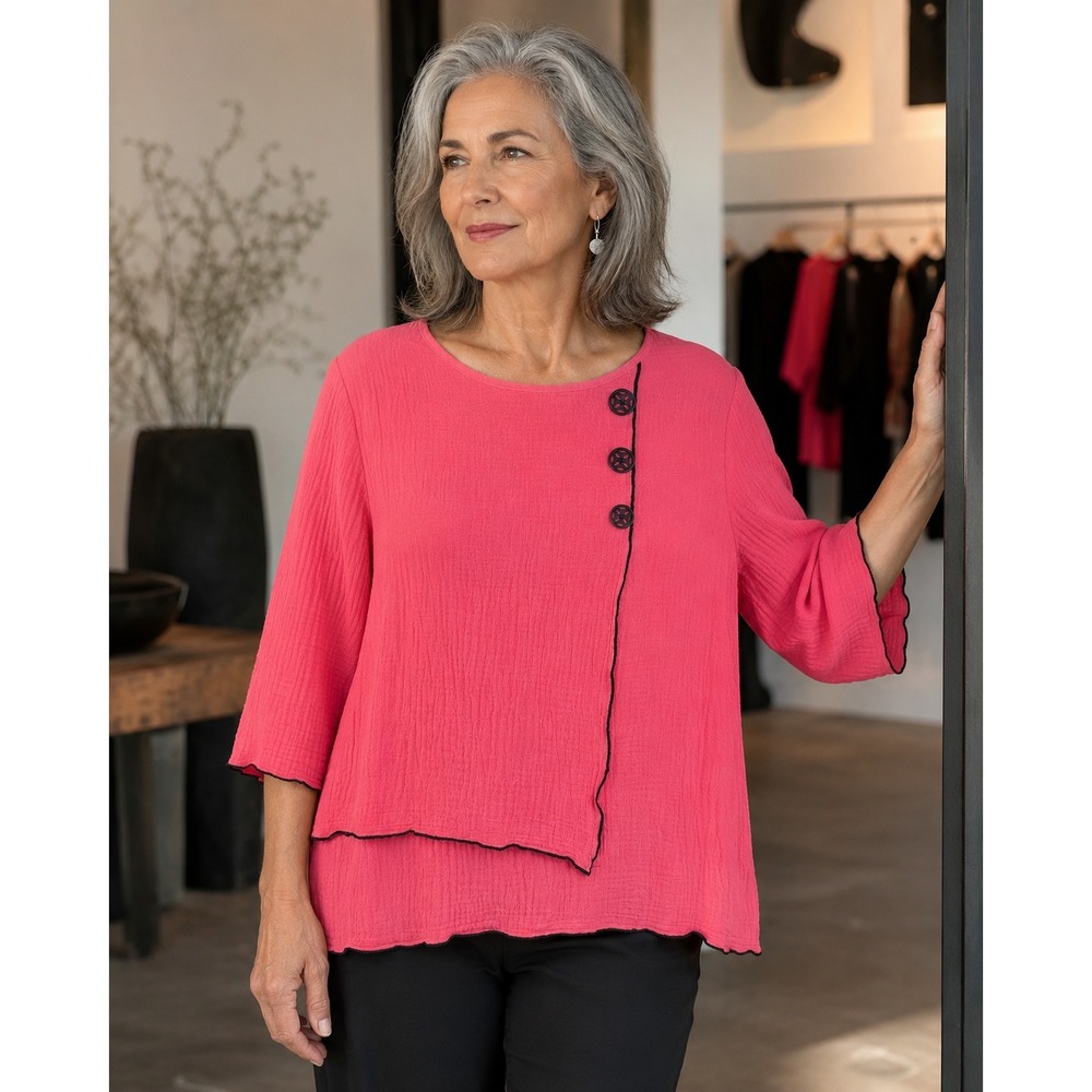 Ali Miles Pink Cotton Gauze Asymmetrical Button Blouse 3/4 Sleeve Petite Medium - Picture 1 of 10